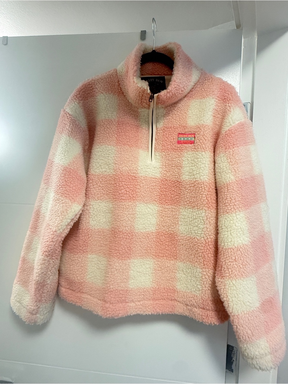 Dairy Boy Fleece Quarter Zip Pullover Pink Picnic Gingham Teddy Sherpa XS/S